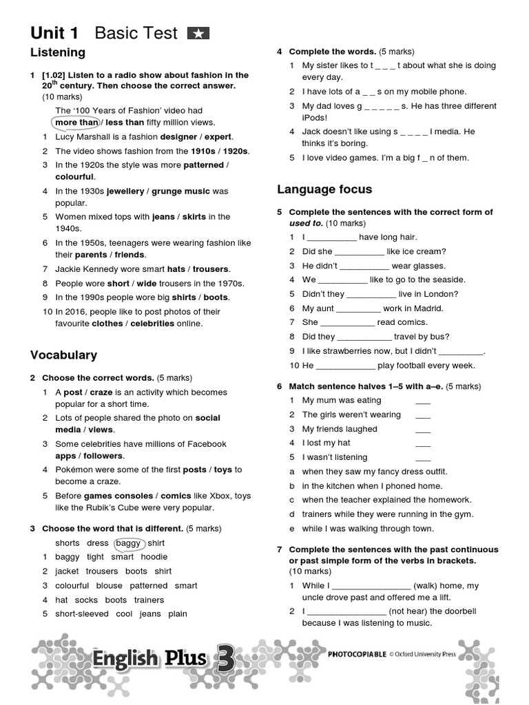 Unit 1 Basic Test | PDF | Fashion | Clothing
