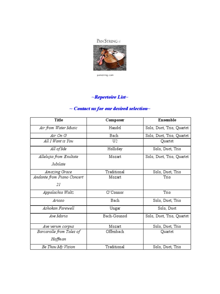 Pan String Repertoire List PDF Quartet Johann Sebastian Bach