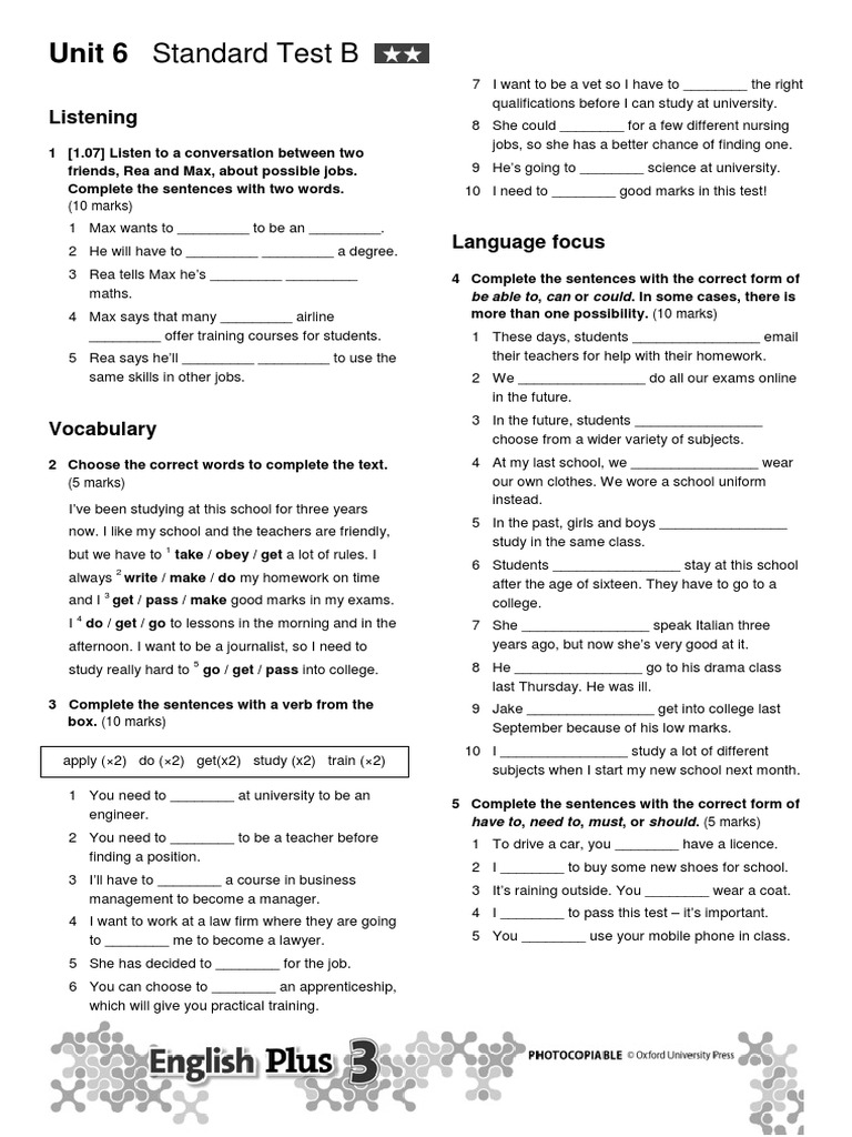 Unit 6 Standard Test B: Listening | PDF | Schools | Test (Assessment)