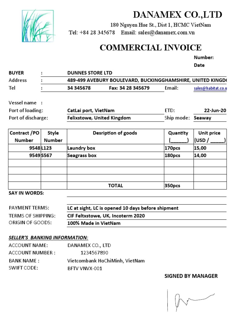 Danamex Commercial Invoice Details | PDF