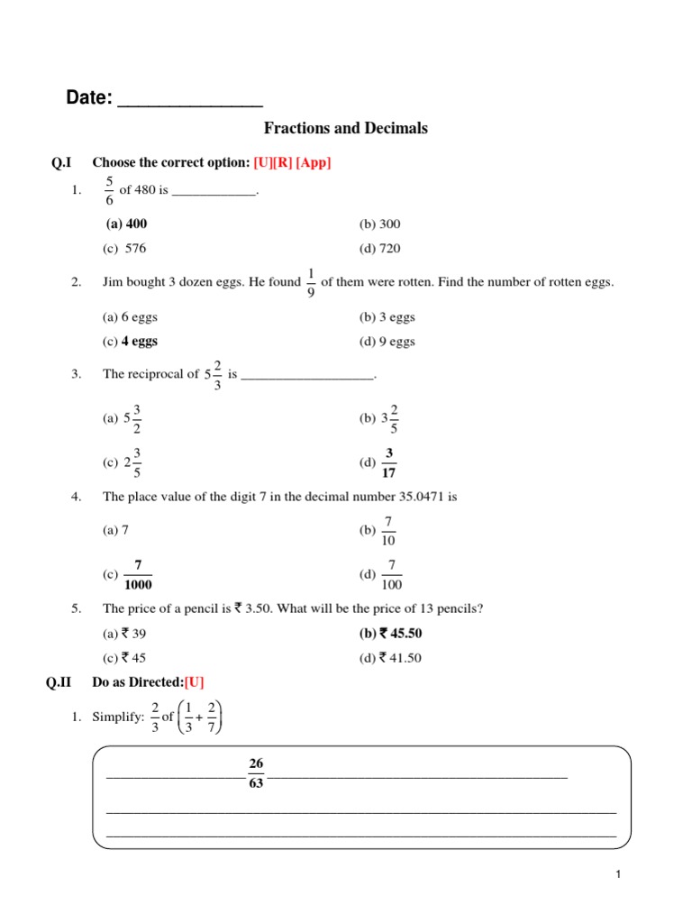 Fractions and Decimals Worksheet | PDF | Mathematics | Notation