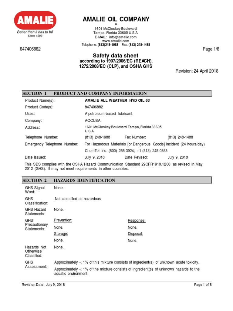 Amalie Oil Company Safety Data Sheet PDF Dangerous Goods Toxicity