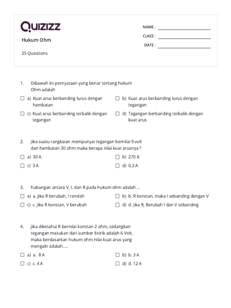 Hukum Ohm Print Quizizz PDF
