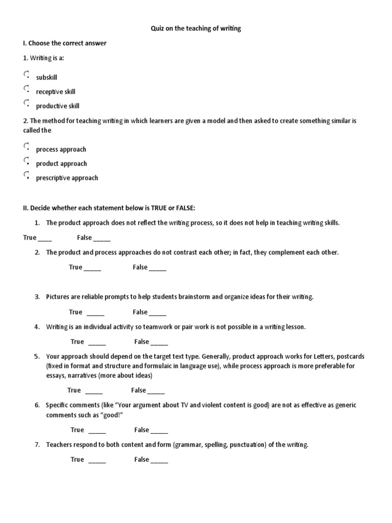 Quiz on Writing Approaches | PDF