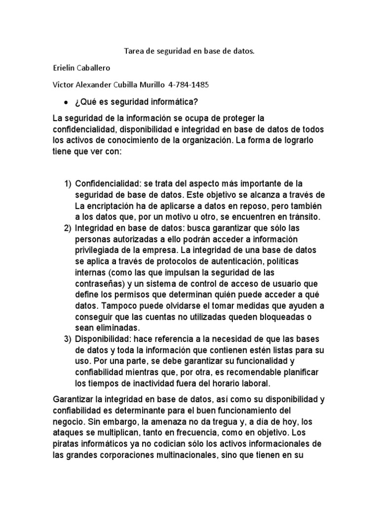 Tarea de Seguridad en Base de Datos | PDF | Seguridad | La seguridad ...