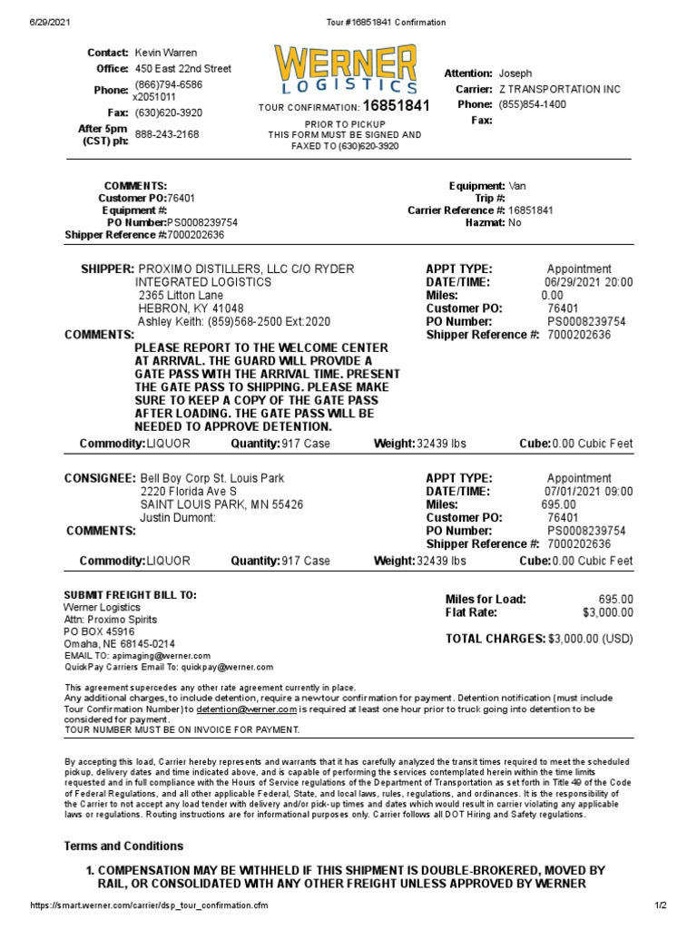 Proximo Distillers Liquor Shipment from Hebron, KY to Saint Louis Park