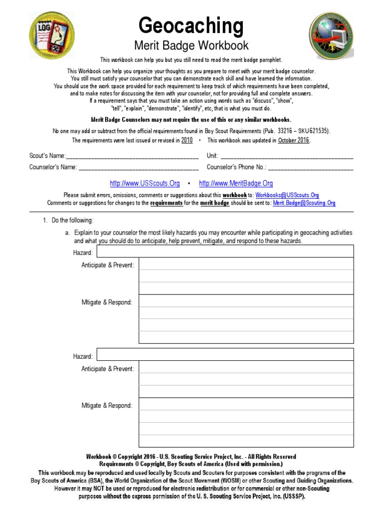 Geo Caching BSA Mereit Badge Worksheet PDF Boy Scouts Of America