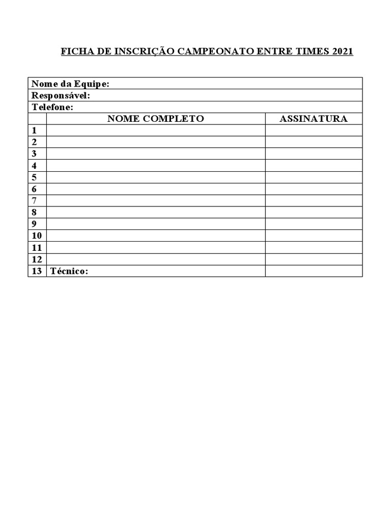 Ficha Inscrição Campeonato de Times PDF | PDF | Tecnologia e Engenharia