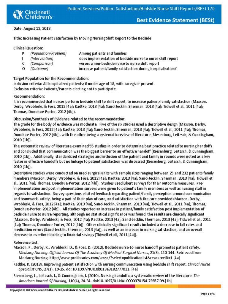 Bedside Shift Report BESt 170 PDF Nursing Patient