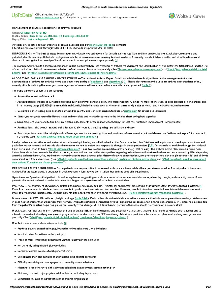 Management of Acute Exacerbations of Asthma in Adults UpToDate PDF Asthma Anesthesia