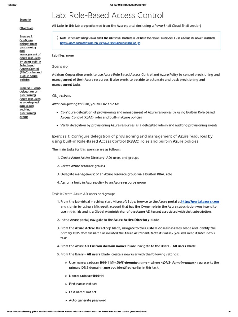Mod 11 - Lab - Role-Based Access Control | PDF | Microsoft Azure ...