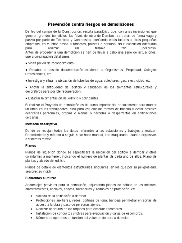 Prevención de Riesgos en Demoliciones | PDF | Demolición