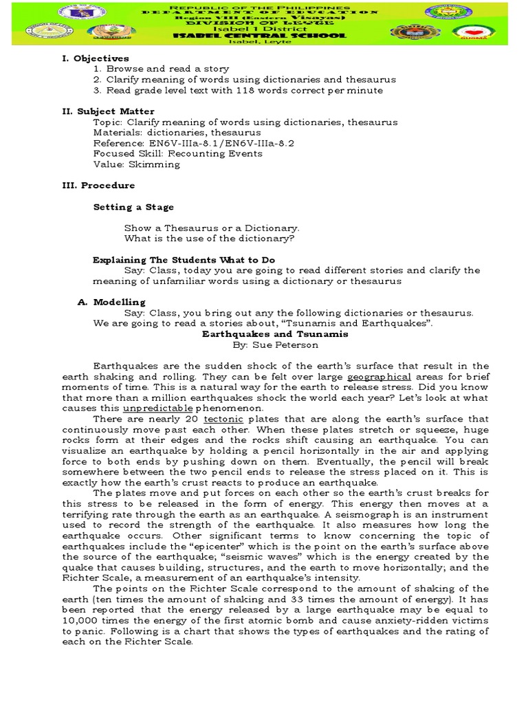 Lesson Plan Clarify Meaning If Words Using Dictionaries, Thesaurus PDF Earthquakes Applied
