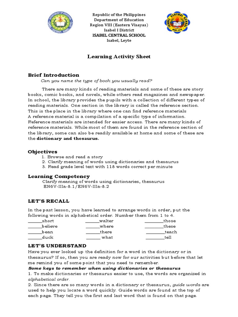 LAS On Clarify Meaning of Words Using Dictionaries, Thesaurus PDF