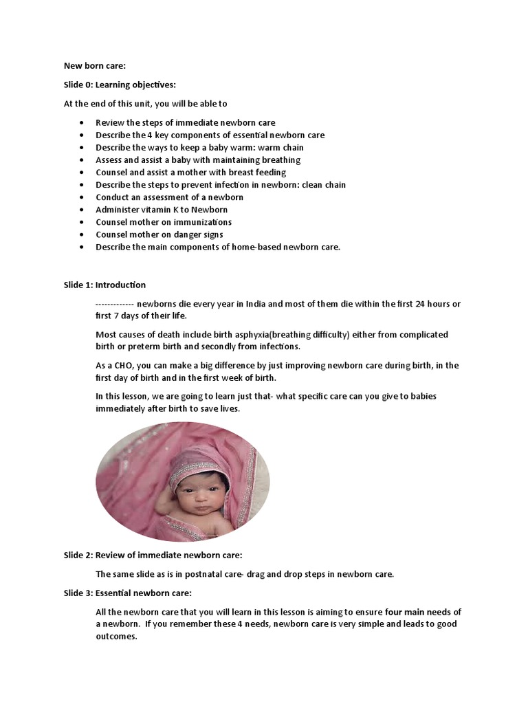 New Born Care Slide 0 Learning Objectives PDF Breastfeeding