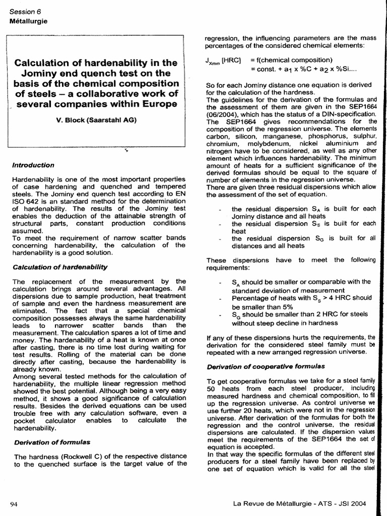 Calculation of Hardenability in The Jominy End Quenchtest | PDF