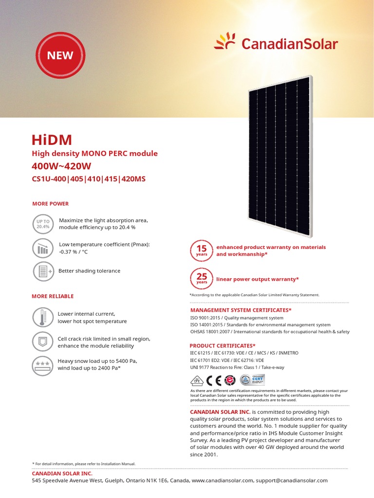 Canadian Solar HiDM 410W Module Datasheet | PDF | Solar Panel ...