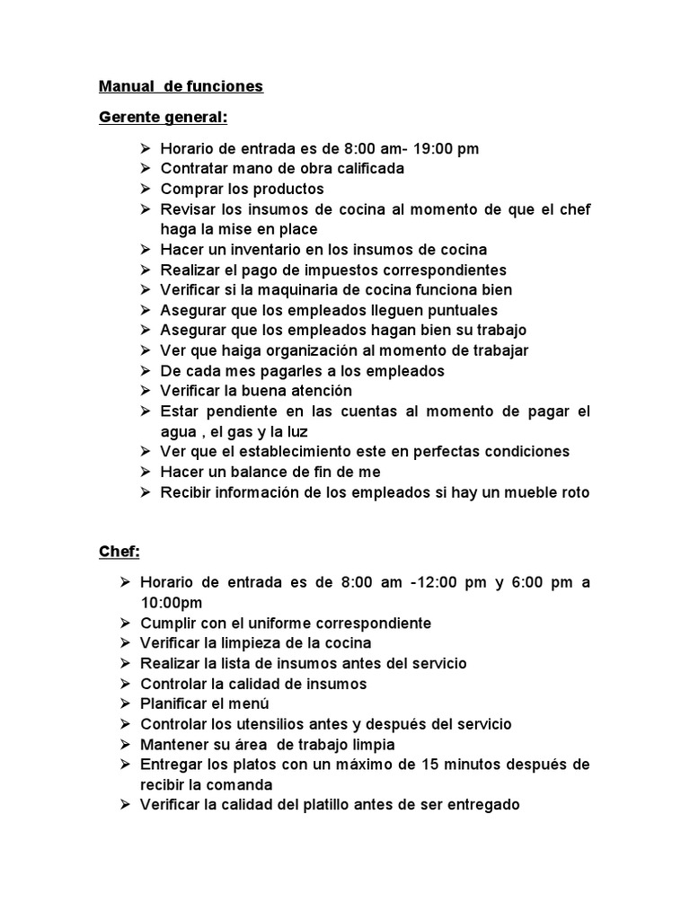Manual de funciones del personal de cocina | PDF