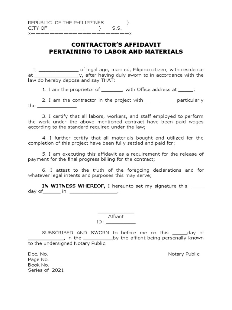 Sample Affidavit of Payment of Labor and Materials | PDF