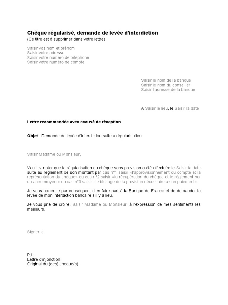 Lettre Cheque Regularise Demande Levee Interdiction | PDF | Affaires