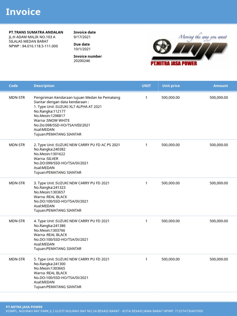 Invoice for Vehicle Delivery Services | PDF | Business