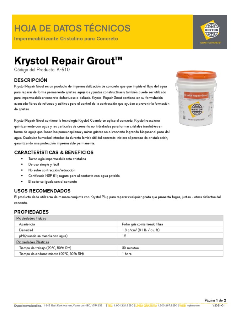 Technical Data Sheet Krystol Repair Grout Spanish | PDF | Hormigón