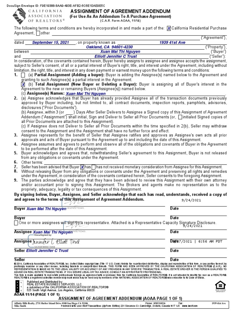 Assignment of Agreement Addendum | PDF | Real Estate Broker | National  Association Of Realtors