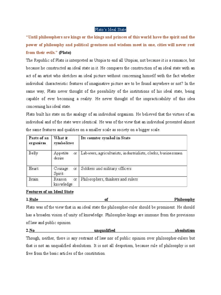 Plato's Ideal State Features of An Ideal State 1.rule of Philosophy