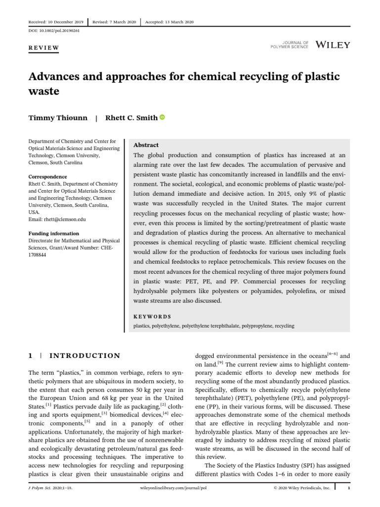 Advances and Approaches For Chemical Recycling of Plastic Waste PDF Polyethylene Plastic