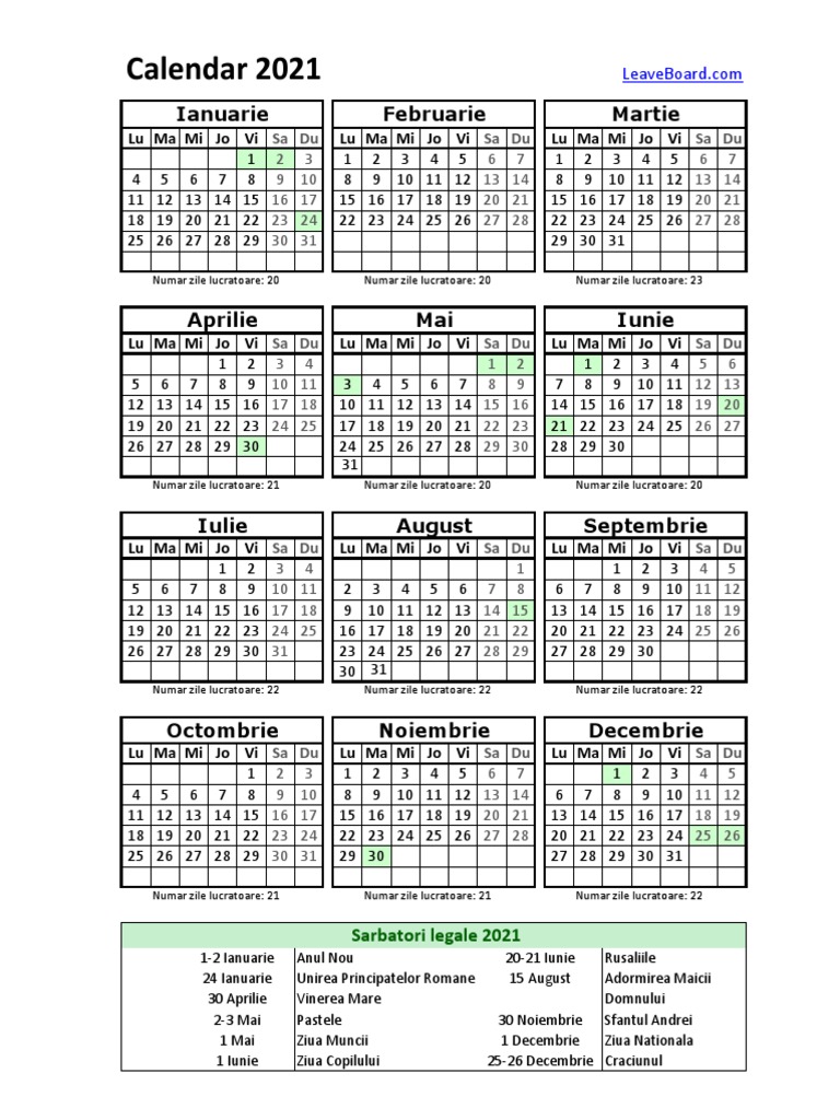 Calendar Zile Lucratoare 2021 PDF
