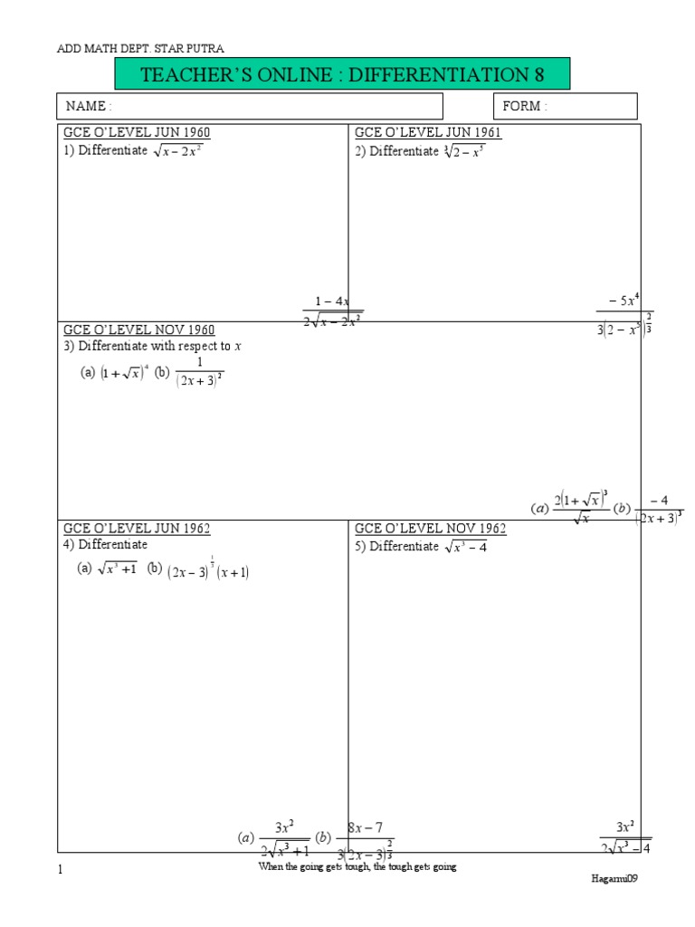 Teacher'S Online: Differentiation 8: Add Math Dept. Star Putra | PDF ...