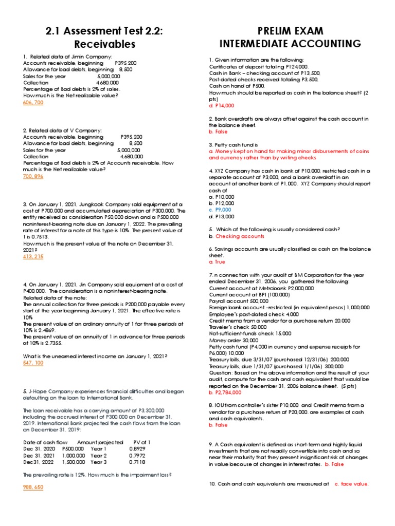 2.1 Assessment Test 2.2: Receivables Prelim Exam Intermediate ...