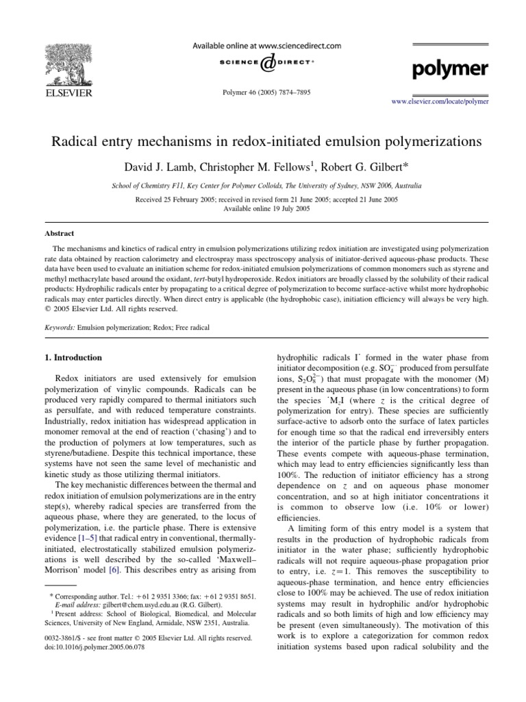 Redox Initiation in Emulsion Polymerization | PDF | Chemical Kinetics ...