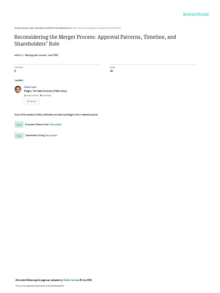 Reconsidering The Merger Process Approval Patterns, Timeline, and Shareholders' Role PDF