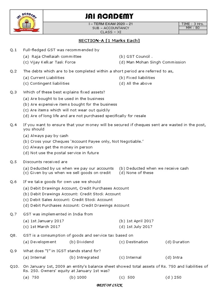 Class 11 Accountancy Exam Paper | PDF | Debits And Credits | Payments
