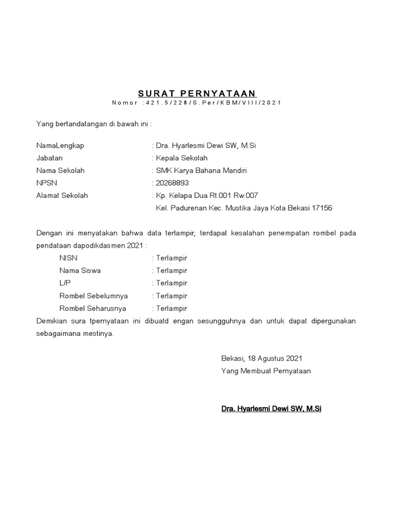 Surat Pernyataan Salah Rombel PDF