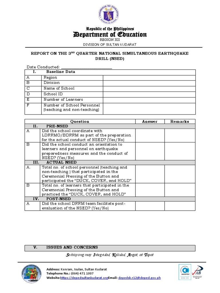 3RD Quarter Nsed Report Template PDF