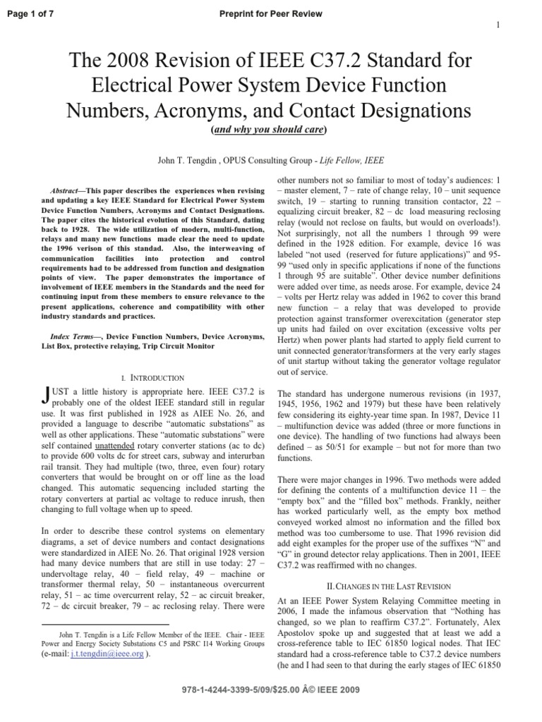 The 2008 Revision of IEEE C37.2 Standard For Electrical Power System