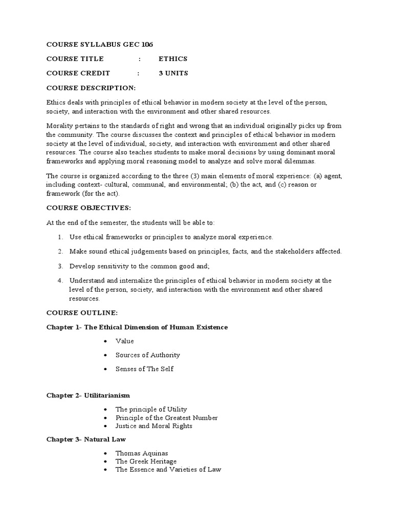 Course Syllabus In Gec 106 Pdf Morality Social Institutions