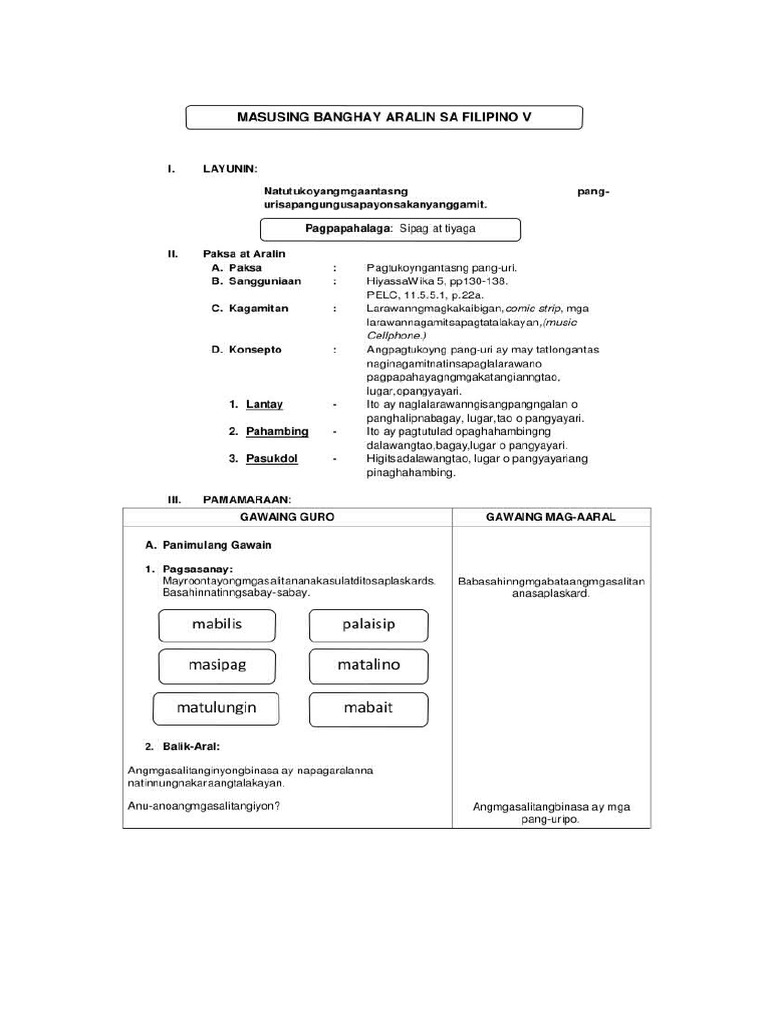Lesson Plan Sa Filipino 5 Simuno at Panaguri | PDF