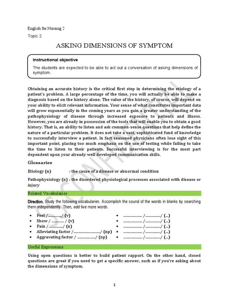Learning Material Topic 2 Asking Dimensions of Symptom 2 | PDF | Pain ...