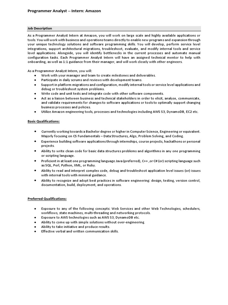 Amazon Programmer Analyst Intern Role | PDF | Programmer | Computer ...