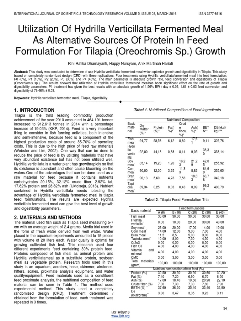 Utilization of Hydrilla Verticillata Fermented Meal As Alternative Sources of Protein in Feed