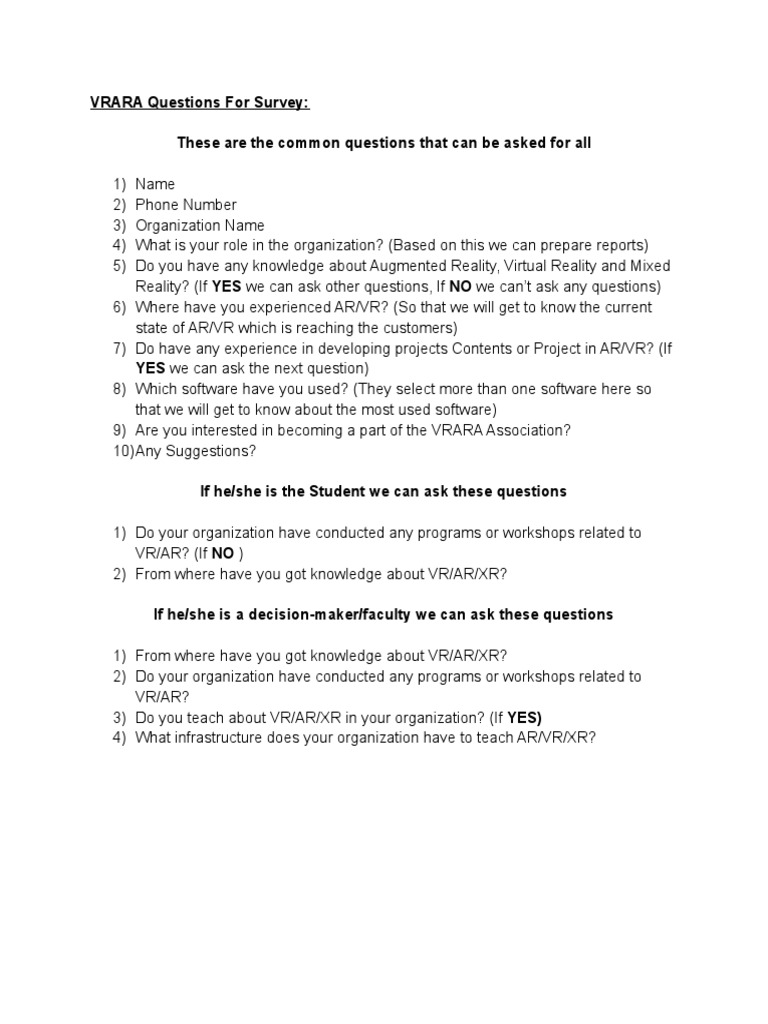 VRARA Survey Questions for AR/VR Insights | PDF