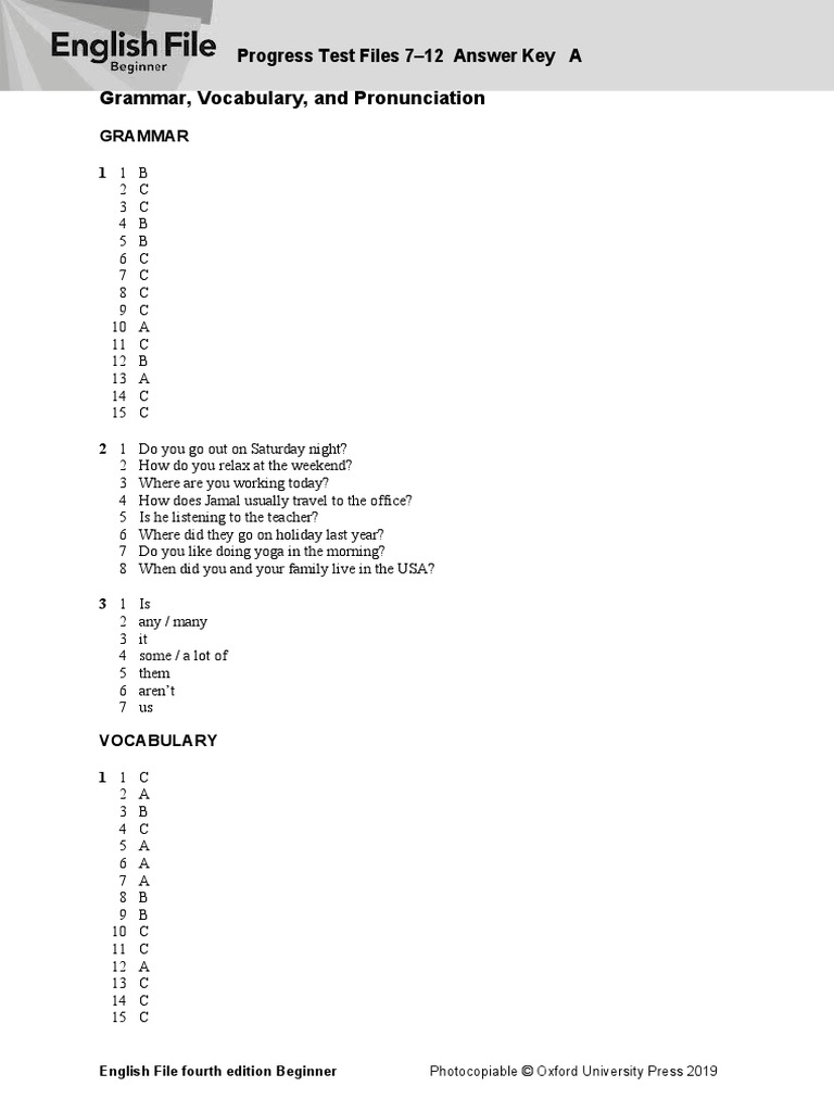Progress Test Files 7-12 Answer Key A Grammar, Vocabulary, and ...
