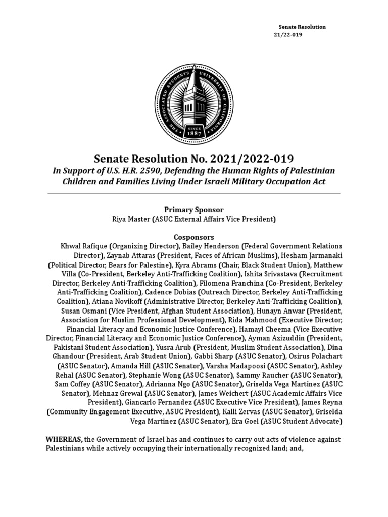Cal Berkeley Student Senate Resolution in Support of U.S. H.R. 2590 ...