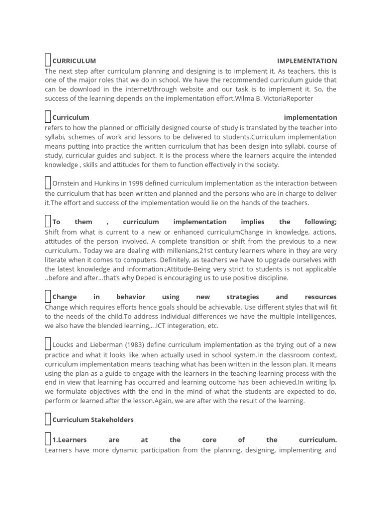 Curriculum Implementation Explanation | PDF | Curriculum | Teachers