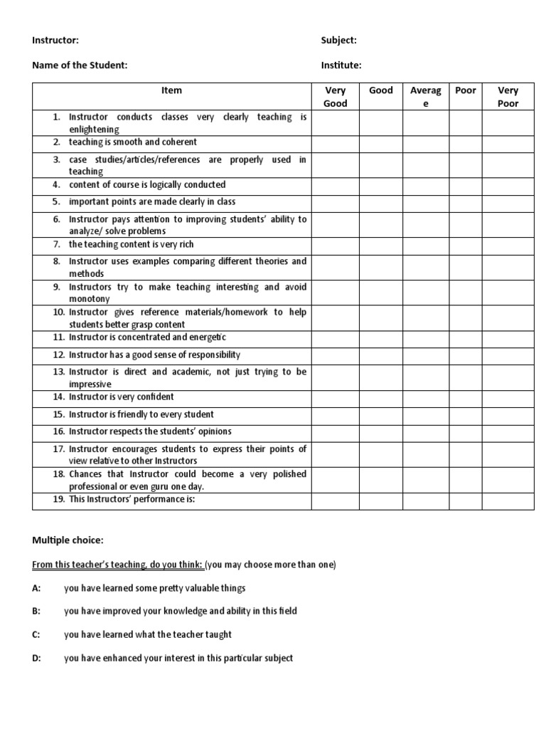 Instructor Assessment Sheet | PDF | Teachers | Communication