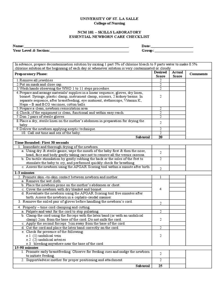 ESSENTIAL NEWBORN CARE CHECKLIST Updated | PDF | Medical Specialties ...