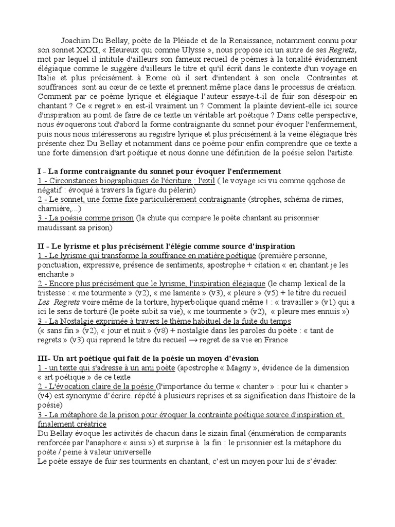 Sonnet 12 Du Bellay Regrets Commentaire Intro Et Plan Pdf Poesie Sonnets